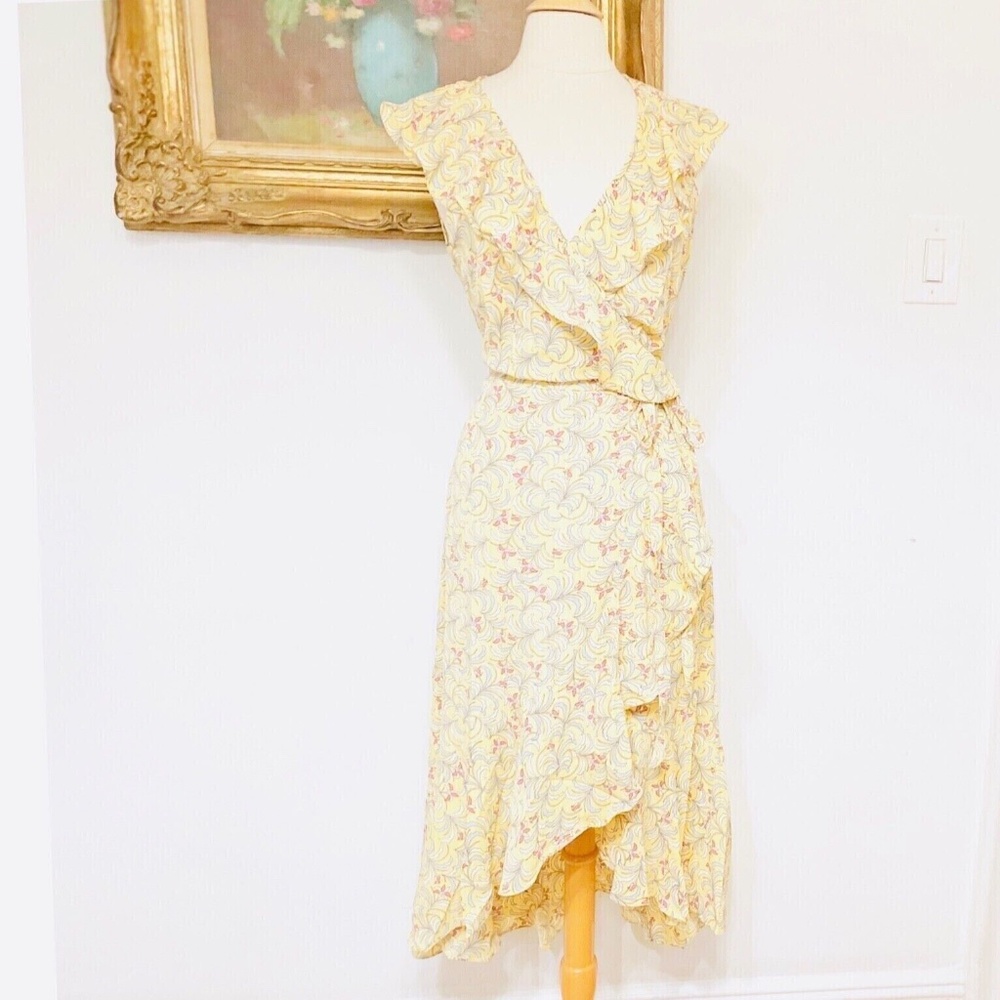 NEW Max Studio Yellow Floral Boho Midi Wrap Dress Summer Spring L Large NWT